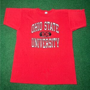 Vintage 80s Ohio State University Champion 50/50 L/XL 22x30 Red T Shirt